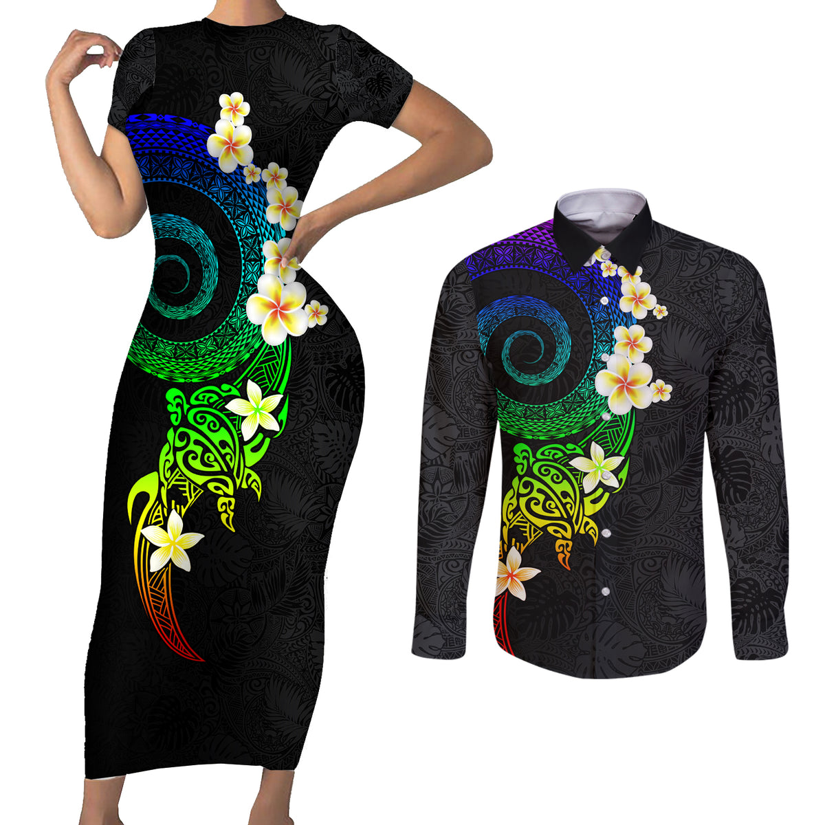 Polynesian Spiral Tribal Tattoo Couples Matching Short Sleeve Bodycon Dress and Long Sleeve Button Shirt Fanciful Color LT03 Black - Polynesian Pride
