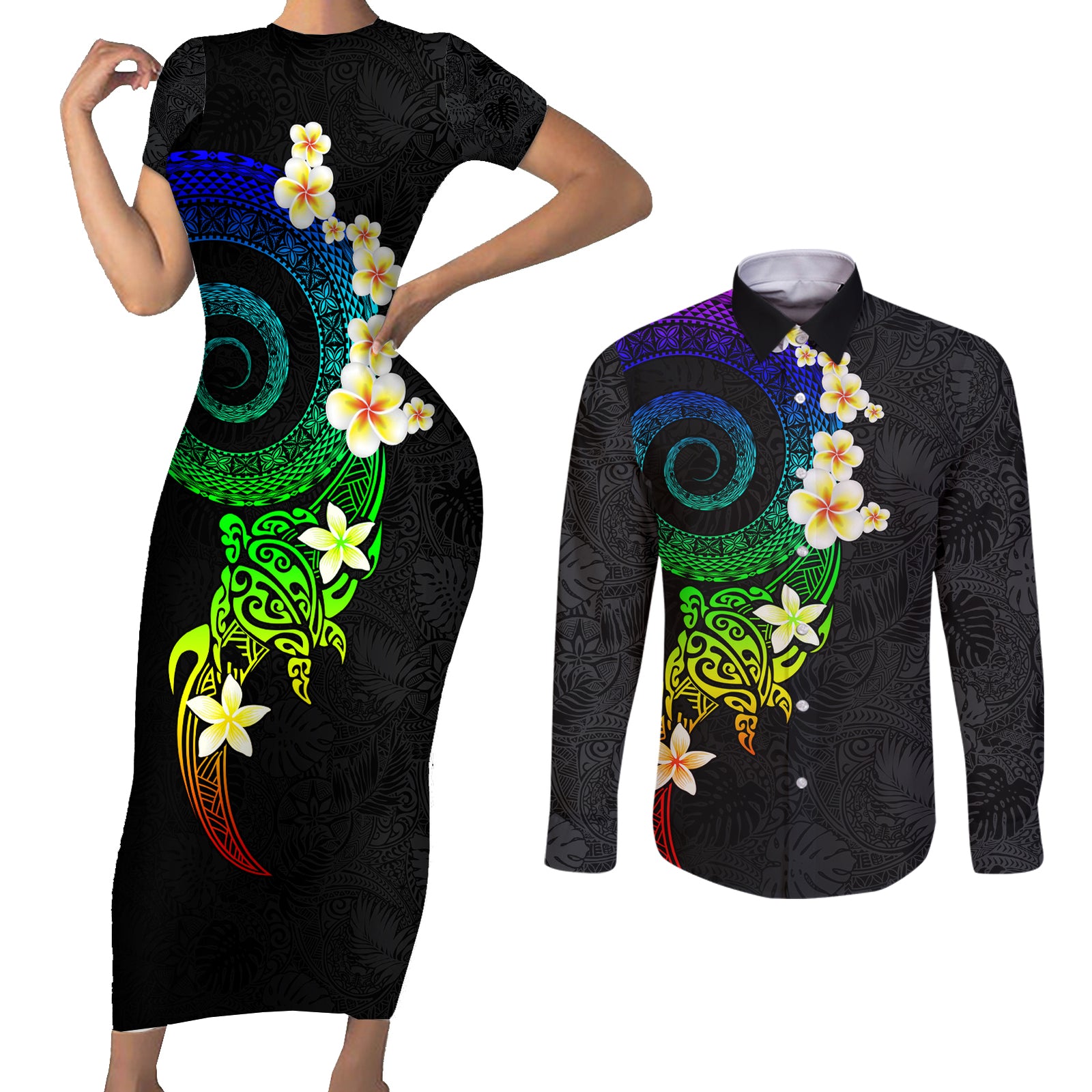 Polynesian Spiral Tribal Tattoo Couples Matching Short Sleeve Bodycon Dress and Long Sleeve Button Shirt Fanciful Color LT03 Black - Polynesian Pride