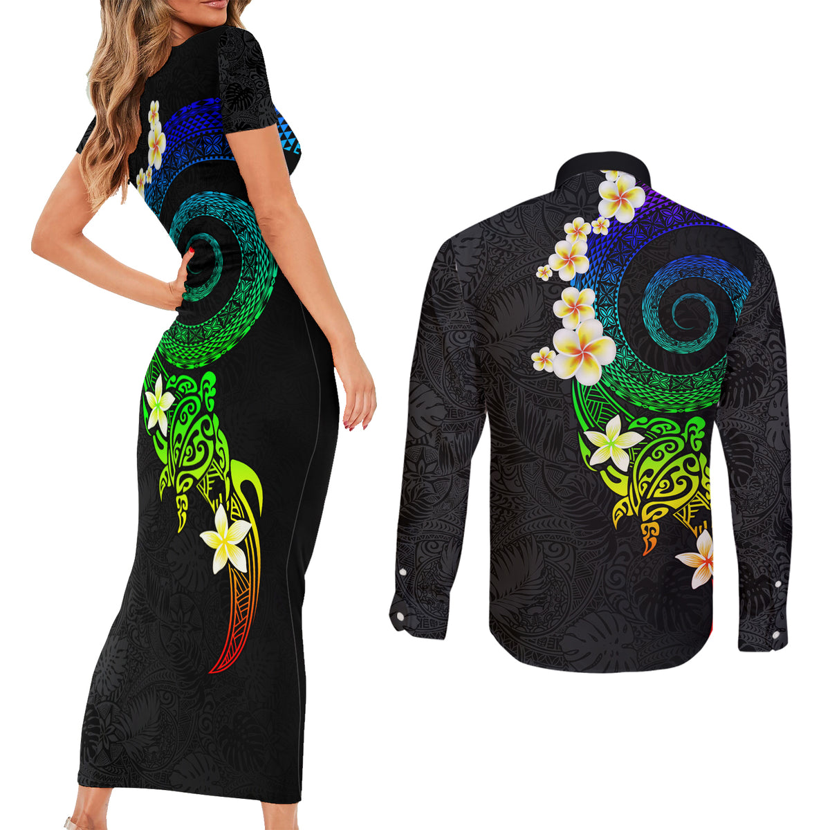 Polynesian Spiral Tribal Tattoo Couples Matching Short Sleeve Bodycon Dress and Long Sleeve Button Shirt Fanciful Color LT03 - Polynesian Pride