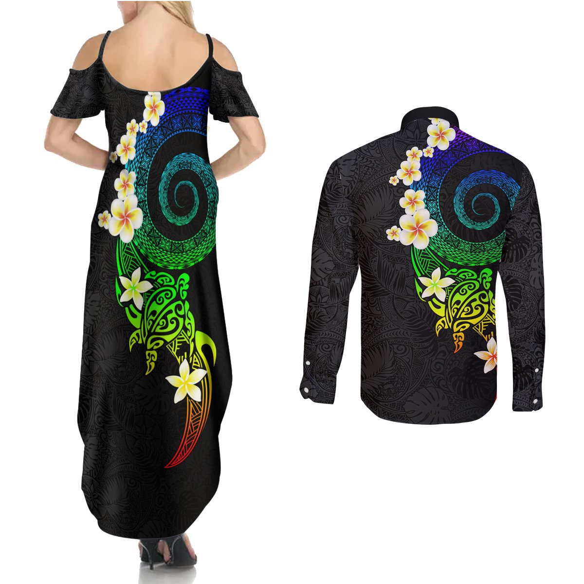 Polynesian Spiral Tribal Tattoo Couples Matching Summer Maxi Dress and Long Sleeve Button Shirt Fanciful Color LT03 - Polynesian Pride