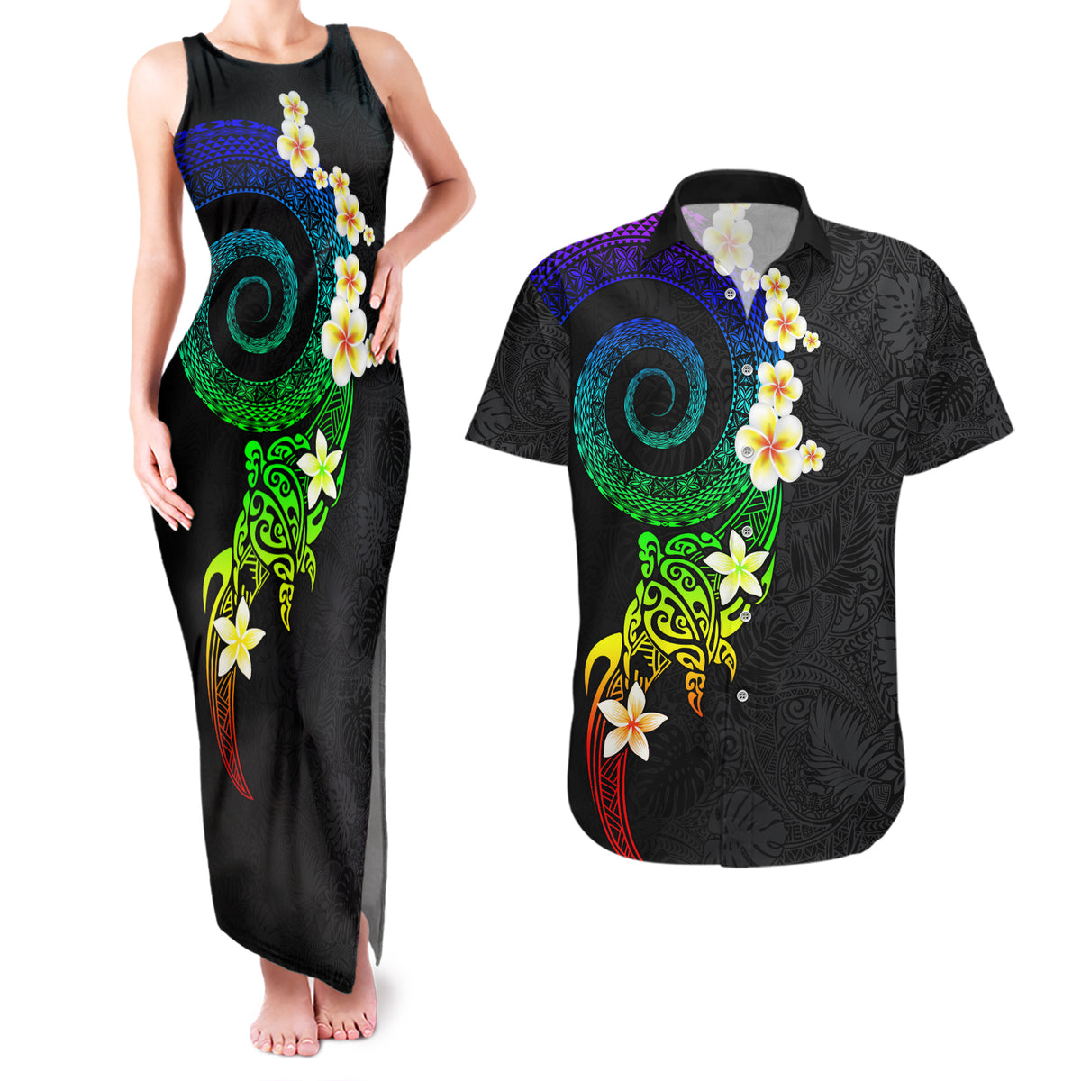 Polynesian Spiral Tribal Tattoo Couples Matching Tank Maxi Dress and Hawaiian Shirt Fanciful Color LT03 Black - Polynesian Pride
