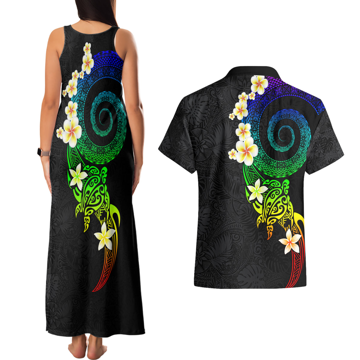 Polynesian Spiral Tribal Tattoo Couples Matching Tank Maxi Dress and Hawaiian Shirt Fanciful Color LT03 - Polynesian Pride