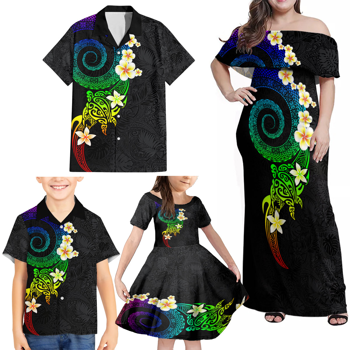 Polynesian Spiral Tribal Tattoo Family Matching Off Shoulder Maxi Dress and Hawaiian Shirt Fanciful Color LT03 - Polynesian Pride