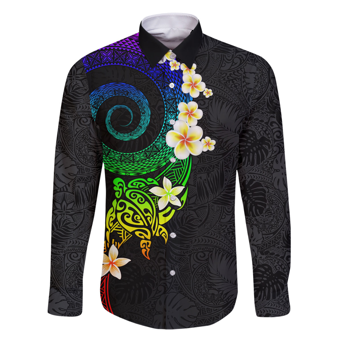 Polynesian Spiral Tribal Tattoo Family Matching Off Shoulder Maxi Dress and Hawaiian Shirt Fanciful Color LT03 Dad's Shirt - Long Sleeve Black - Polynesian Pride