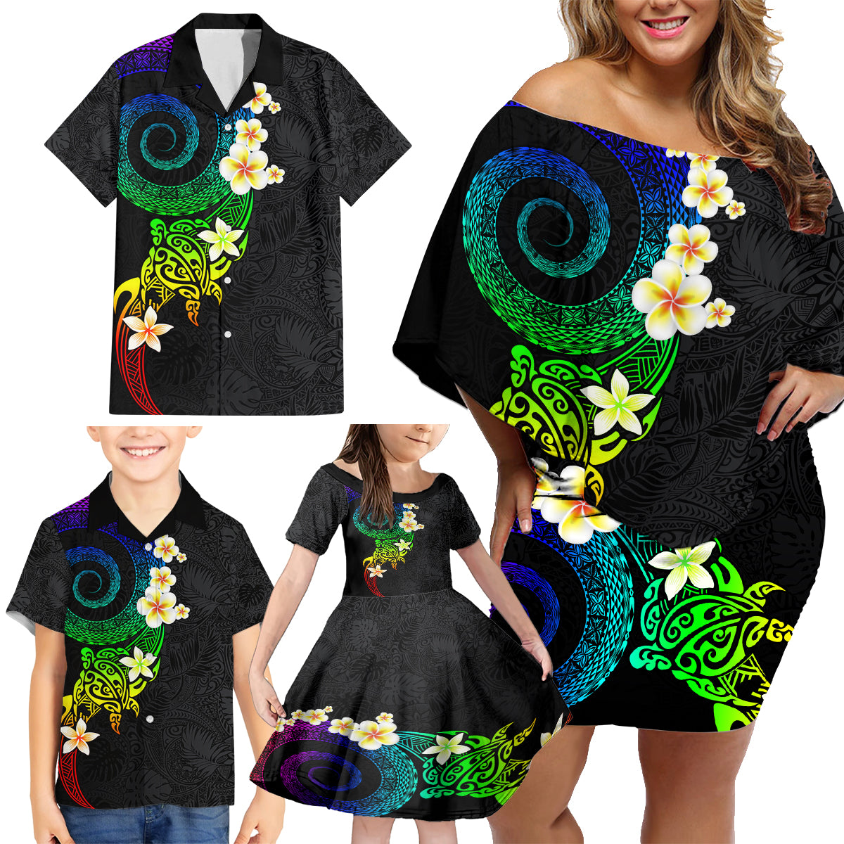 Polynesian Spiral Tribal Tattoo Family Matching Off Shoulder Short Dress and Hawaiian Shirt Fanciful Color LT03 - Polynesian Pride