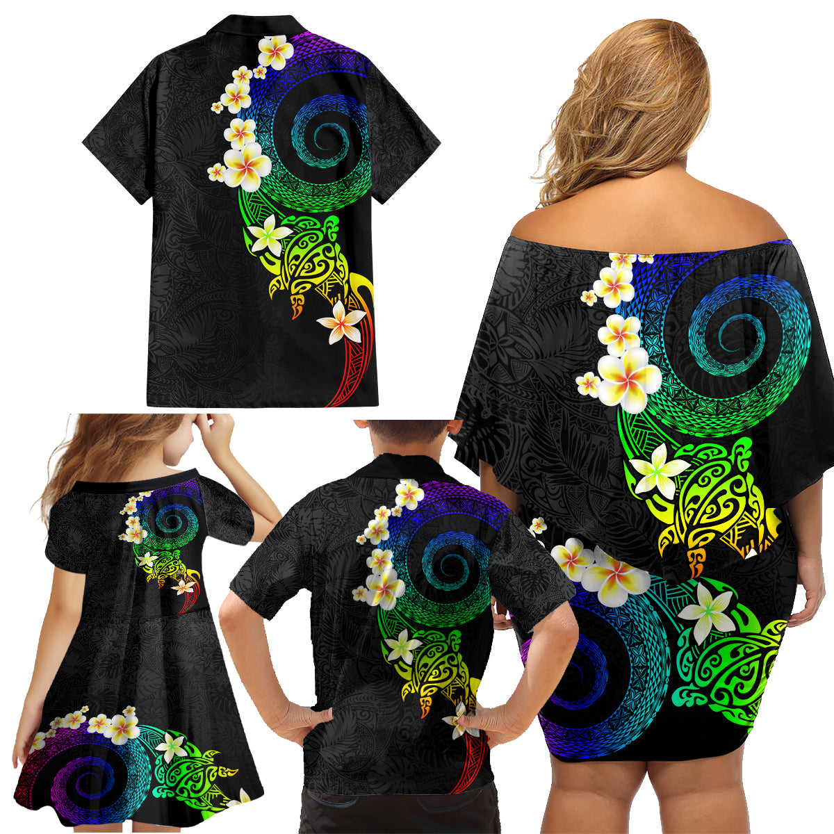 Polynesian Spiral Tribal Tattoo Family Matching Off Shoulder Short Dress and Hawaiian Shirt Fanciful Color LT03 - Polynesian Pride