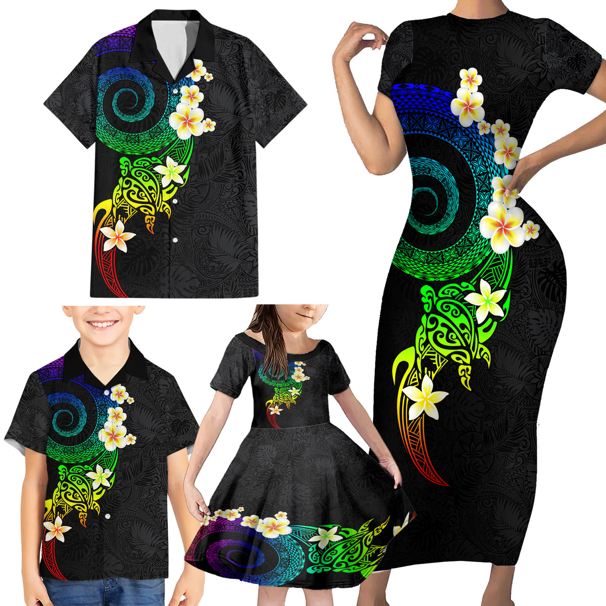 Polynesian Spiral Tribal Tattoo Family Matching Short Sleeve Bodycon Dress and Hawaiian Shirt Fanciful Color LT03 - Polynesian Pride