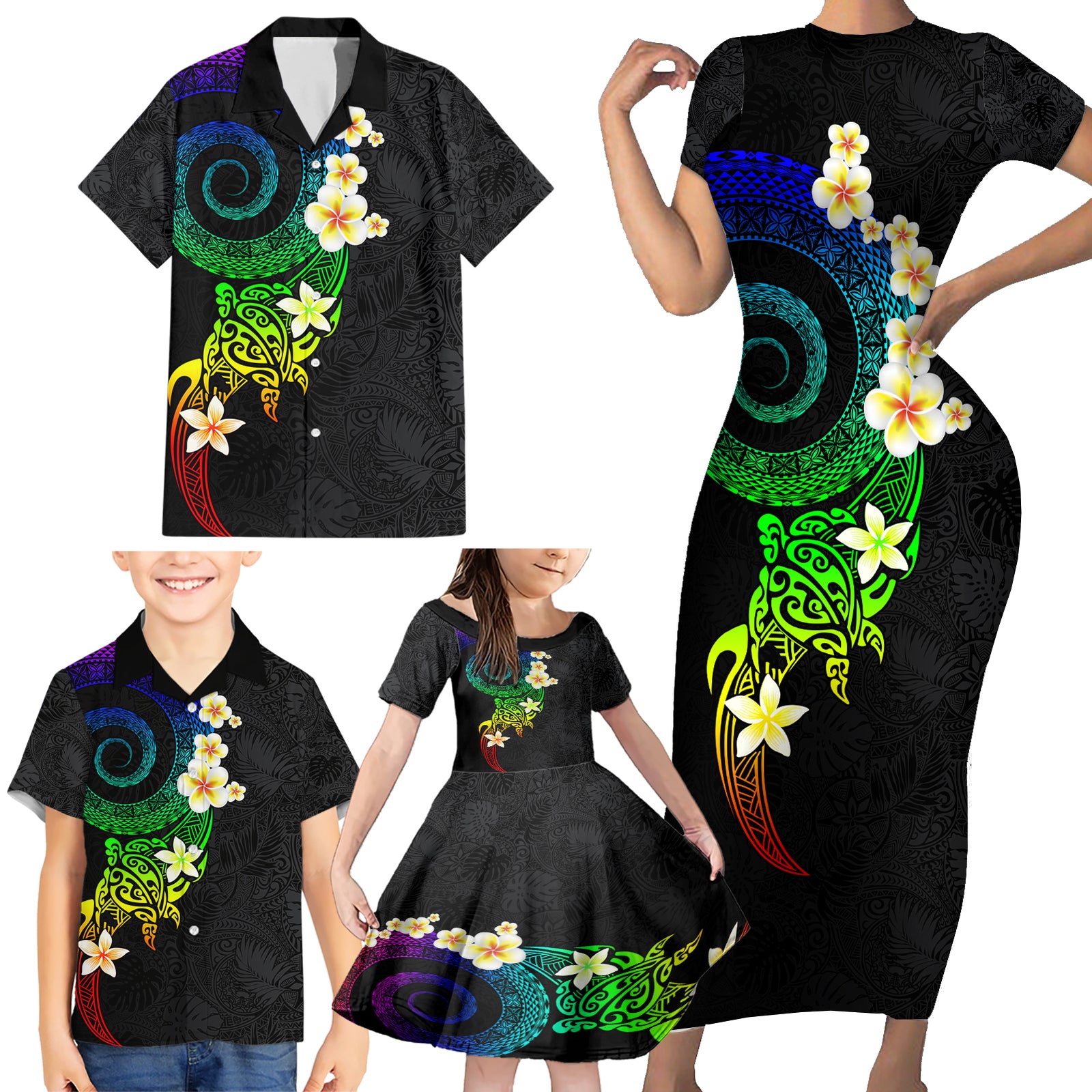 Polynesian Spiral Tribal Tattoo Family Matching Short Sleeve Bodycon Dress and Hawaiian Shirt Fanciful Color LT03 - Polynesian Pride