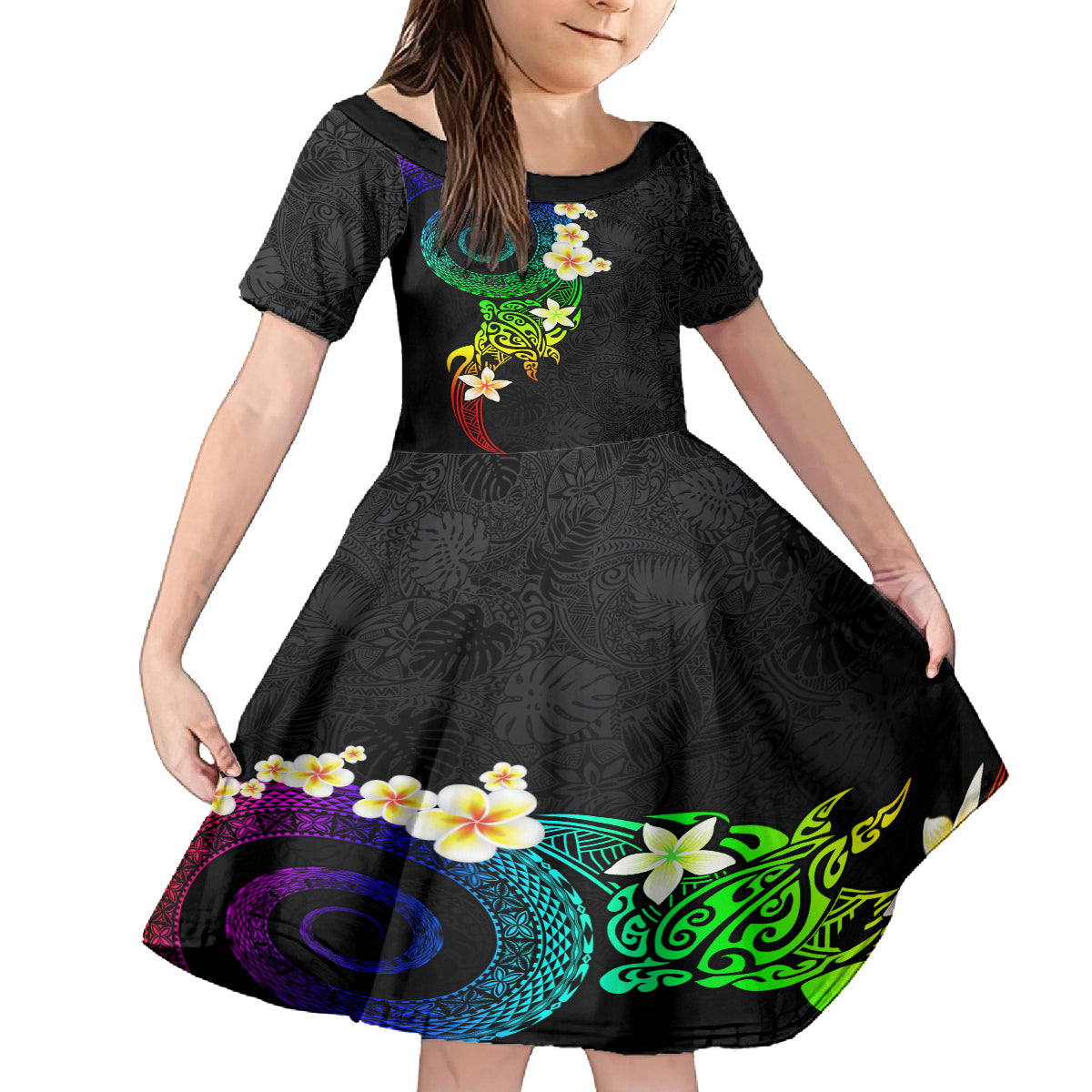 Polynesian Spiral Tribal Tattoo Family Matching Summer Maxi Dress and Hawaiian Shirt Fanciful Color LT03 Daughter's Dress Black - Polynesian Pride