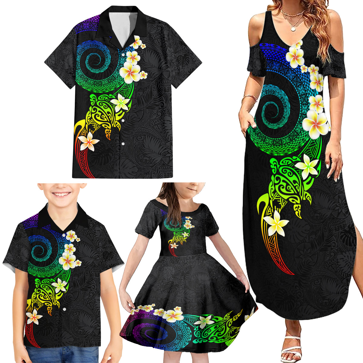 Polynesian Spiral Tribal Tattoo Family Matching Summer Maxi Dress and Hawaiian Shirt Fanciful Color LT03 - Polynesian Pride