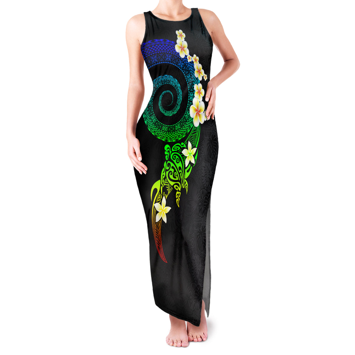 Polynesian Spiral Tribal Tattoo Family Matching Tank Maxi Dress and Hawaiian Shirt Fanciful Color LT03 Mom's Dress Black - Polynesian Pride