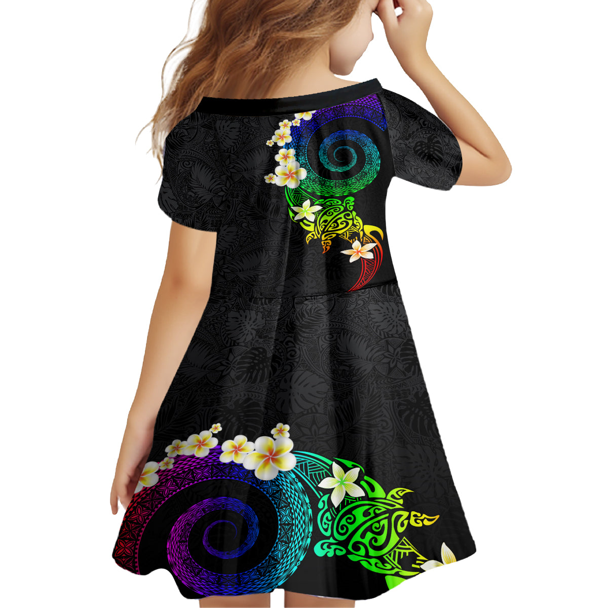 Polynesian Spiral Tribal Tattoo Kid Short Sleeve Dress Fanciful Color