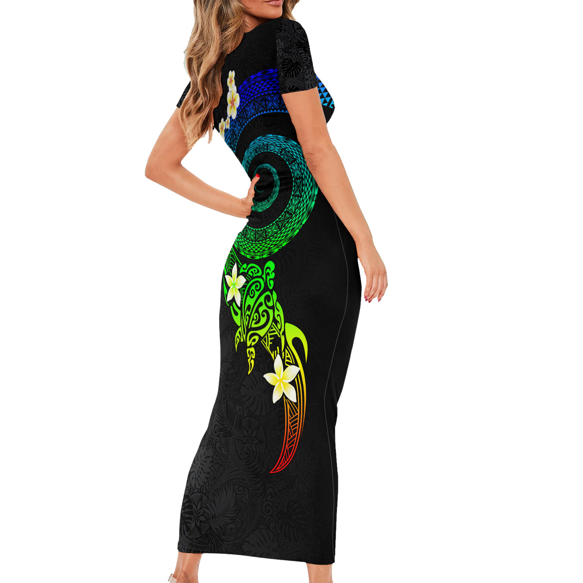 Polynesian Spiral Tribal Tattoo Short Sleeve Bodycon Dress Fanciful Color