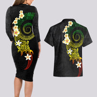 Polynesian Spiral Tribal Tattoo Couples Matching Long Sleeve Bodycon Dress and Hawaiian Shirt Reggae Color