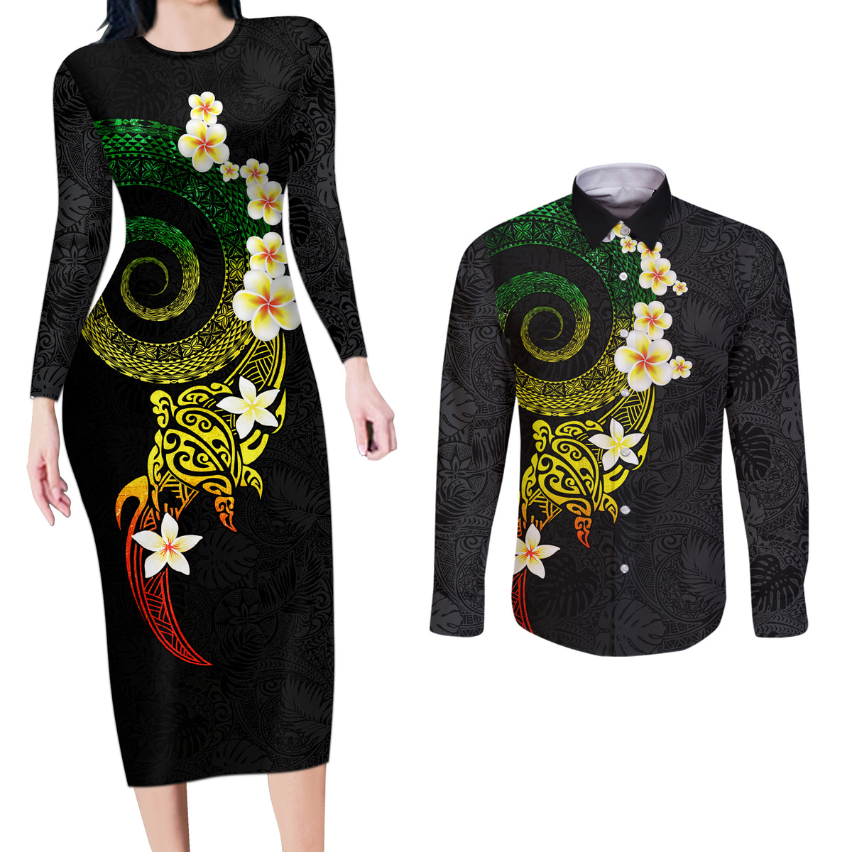 Polynesian Spiral Tribal Tattoo Couples Matching Long Sleeve Bodycon Dress and Long Sleeve Button Shirt Reggae Color LT03 Reggae - Polynesian Pride