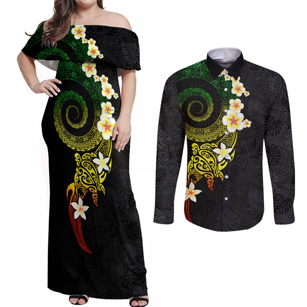 Polynesian Spiral Tribal Tattoo Couples Matching Off Shoulder Maxi Dress and Long Sleeve Button Shirt Reggae Color LT03 Reggae - Polynesian Pride