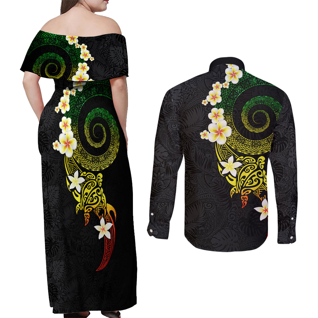 Polynesian Spiral Tribal Tattoo Couples Matching Off Shoulder Maxi Dress and Long Sleeve Button Shirt Reggae Color LT03 - Polynesian Pride