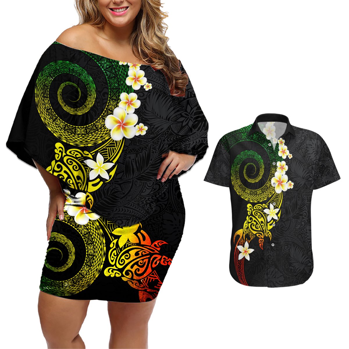 Polynesian Spiral Tribal Tattoo Couples Matching Off Shoulder Short Dress and Hawaiian Shirt Reggae Color LT03 Reggae - Polynesian Pride