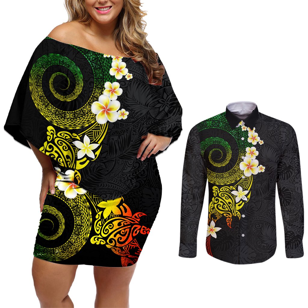 Polynesian Spiral Tribal Tattoo Couples Matching Off Shoulder Short Dress and Long Sleeve Button Shirt Reggae Color LT03 Reggae - Polynesian Pride