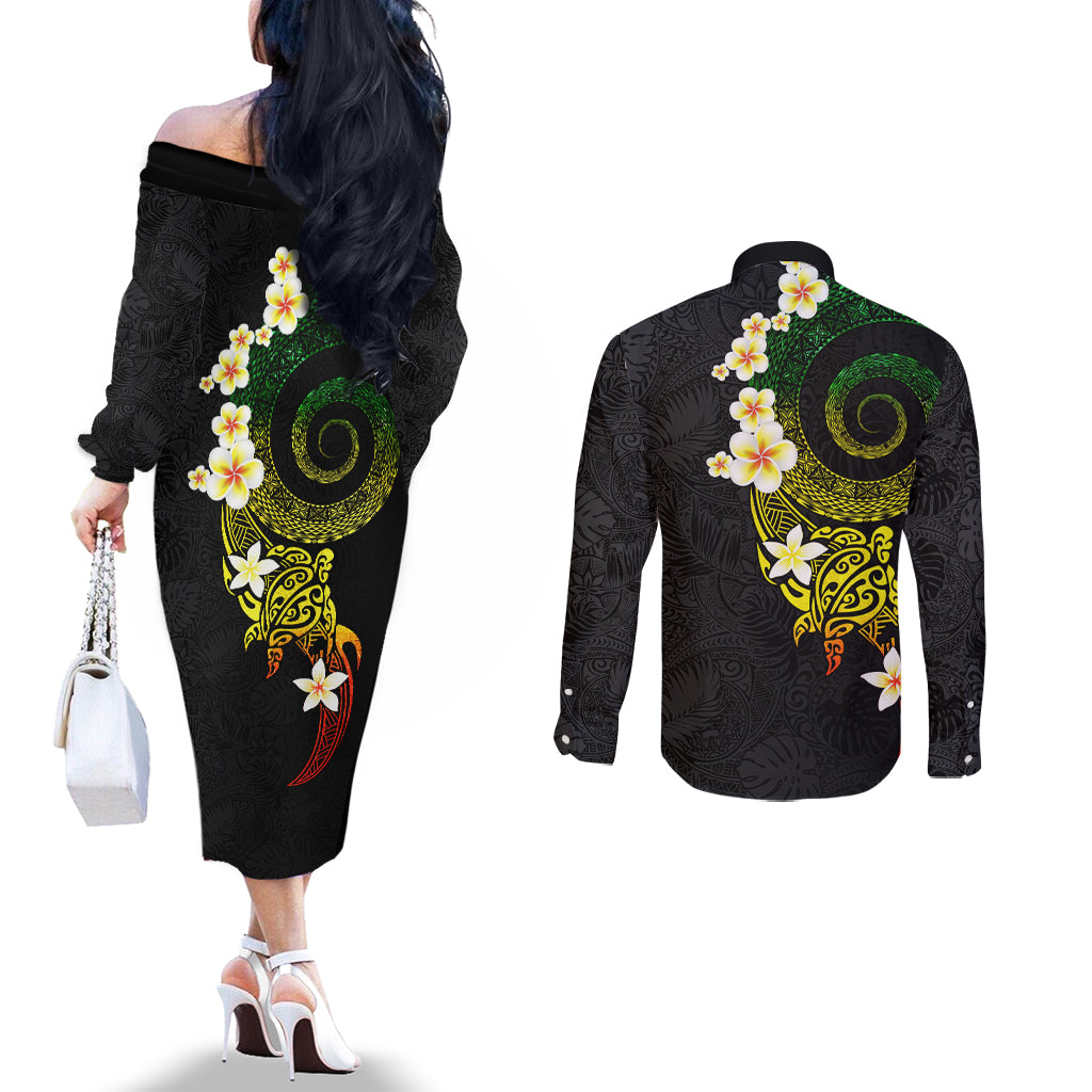 Polynesian Spiral Tribal Tattoo Couples Matching Off The Shoulder Long Sleeve Dress and Long Sleeve Button Shirt Reggae Color LT03 - Polynesian Pride
