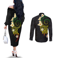 Polynesian Spiral Tribal Tattoo Couples Matching Off The Shoulder Long Sleeve Dress and Long Sleeve Button Shirt Reggae Color LT03 - Polynesian Pride
