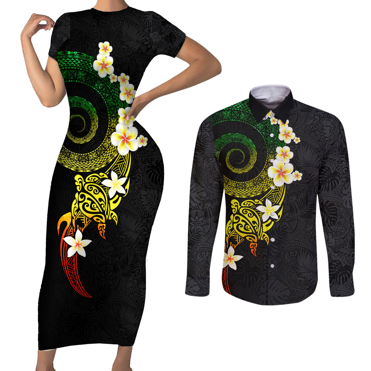 Polynesian Spiral Tribal Tattoo Couples Matching Short Sleeve Bodycon Dress and Long Sleeve Button Shirt Reggae Color LT03 Reggae - Polynesian Pride