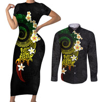Polynesian Spiral Tribal Tattoo Couples Matching Short Sleeve Bodycon Dress and Long Sleeve Button Shirt Reggae Color LT03 Reggae - Polynesian Pride