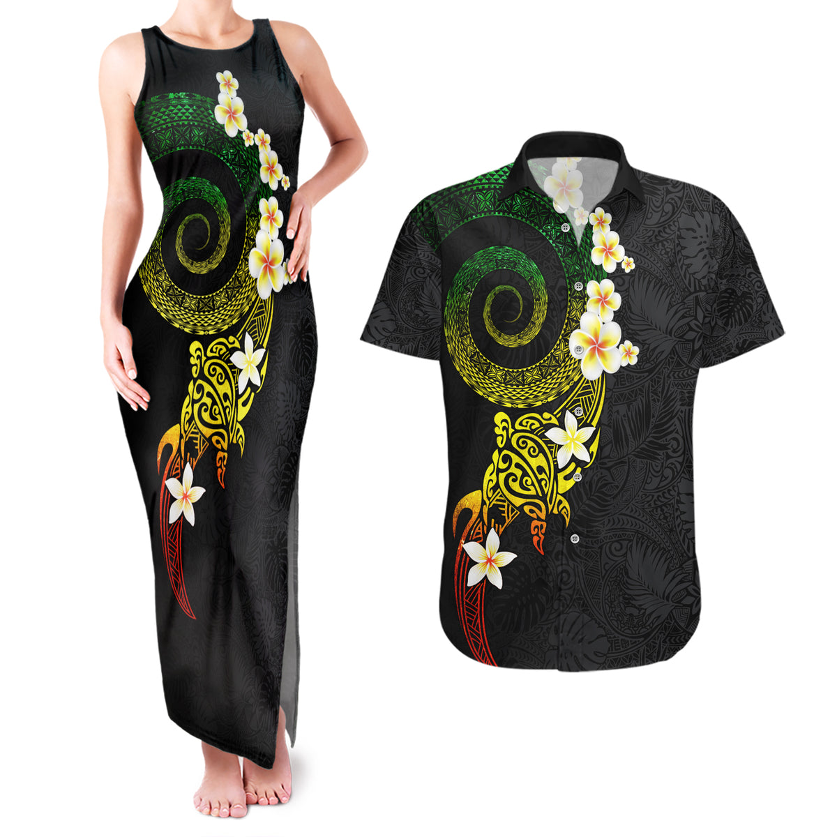 Polynesian Spiral Tribal Tattoo Couples Matching Tank Maxi Dress and Hawaiian Shirt Reggae Color LT03 Reggae - Polynesian Pride