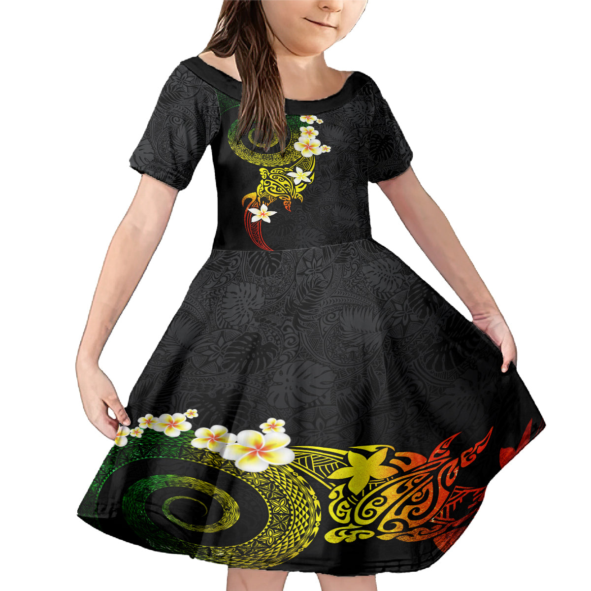 Polynesian Spiral Tribal Tattoo Family Matching Mermaid Dress and Hawaiian Shirt Reggae Color LT03 Daughter's Dress Reggae - Polynesian Pride