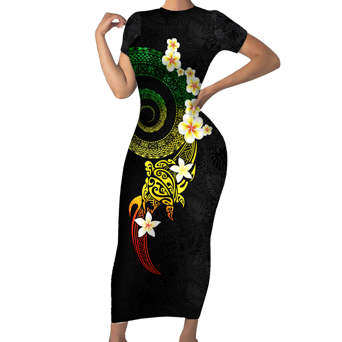 Polynesian Spiral Tribal Tattoo Family Matching Short Sleeve Bodycon Dress and Hawaiian Shirt Reggae Color LT03 Mom's Dress Reggae - Polynesian Pride