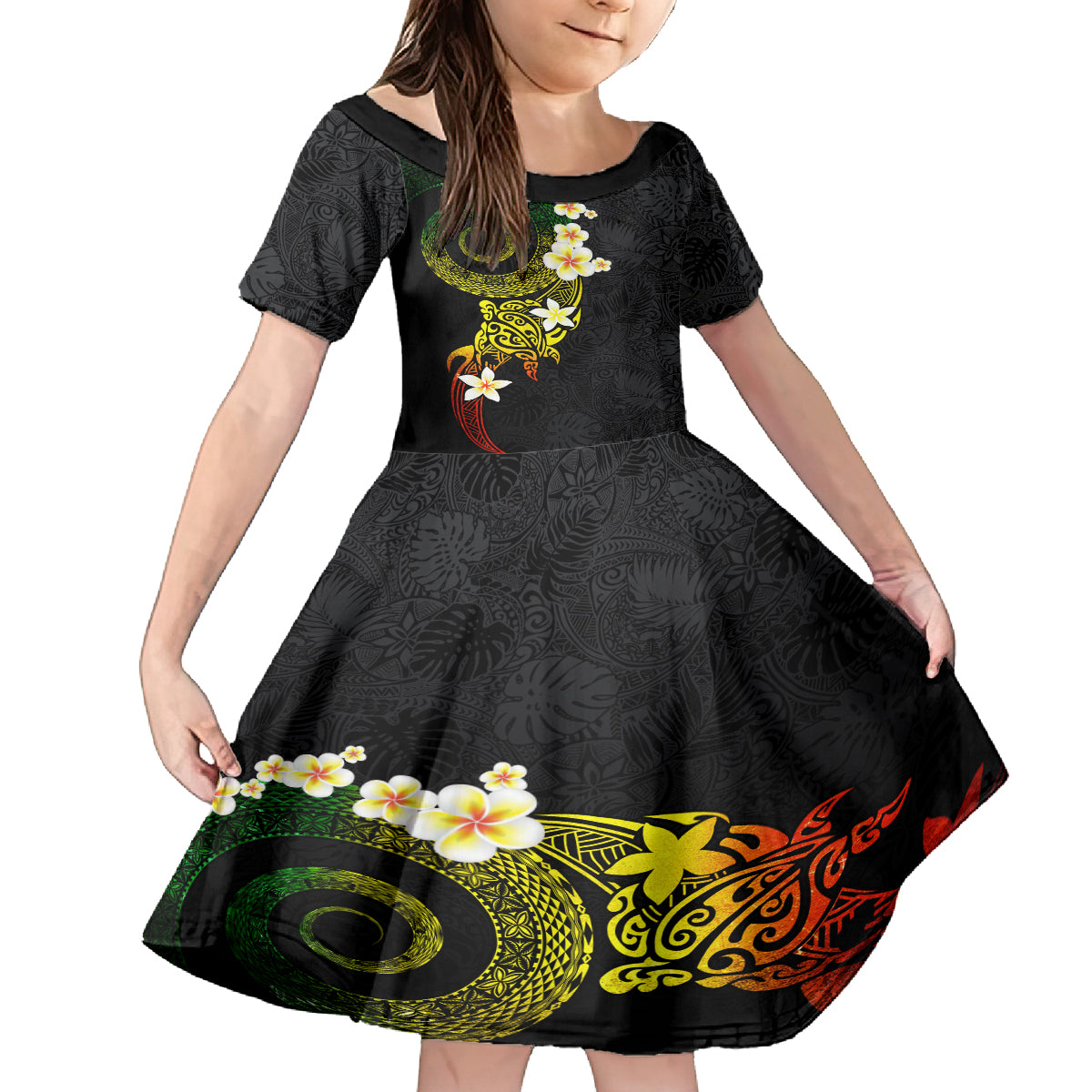 Polynesian Spiral Tribal Tattoo Kid Short Sleeve Dress Reggae Color