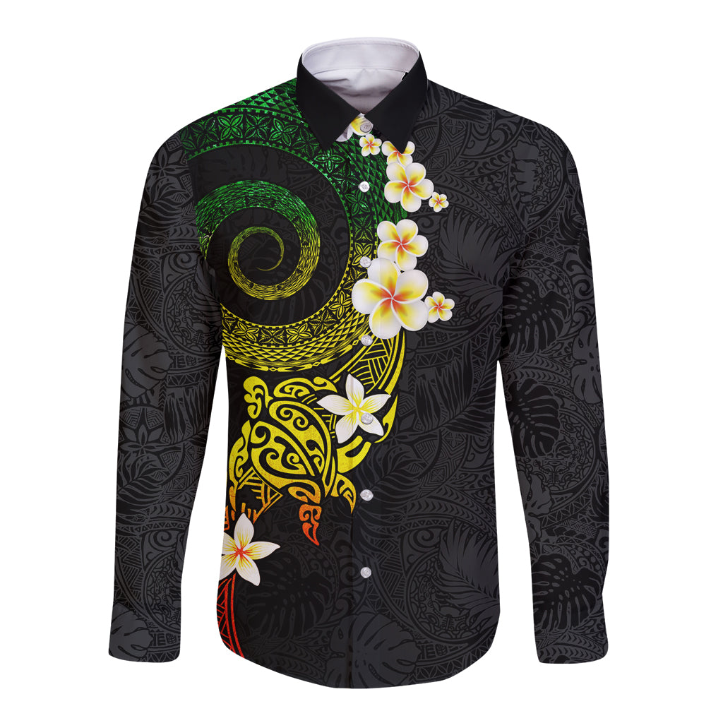 Polynesian Spiral Tribal Tattoo Long Sleeve Button Shirt Reggae Color