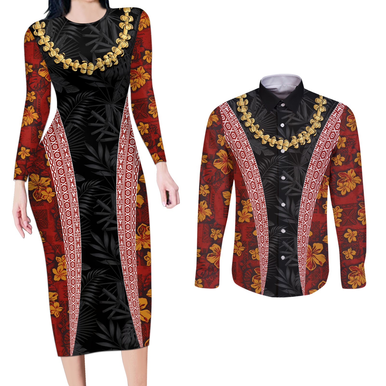 Hawaii Lei and Hibiscus Flowers Tribal Couples Matching Long Sleeve Bodycon Dress and Long Sleeve Button Shirt Patchwork Abstract Vintage