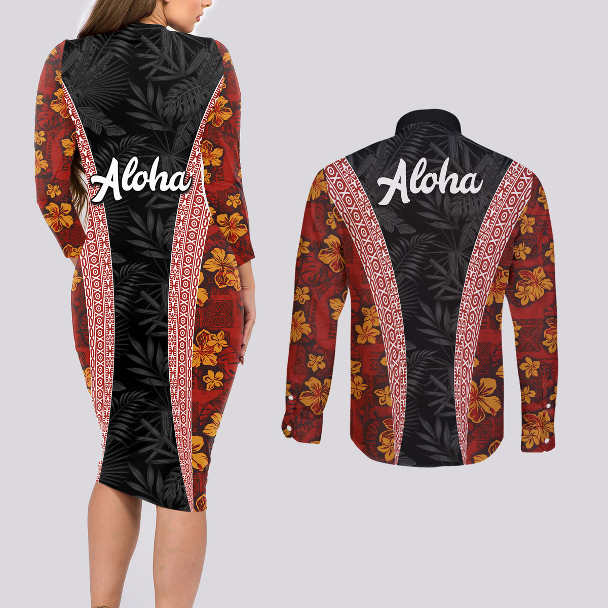 Hawaii Lei and Hibiscus Flowers Tribal Couples Matching Long Sleeve Bodycon Dress and Long Sleeve Button Shirt Patchwork Abstract Vintage