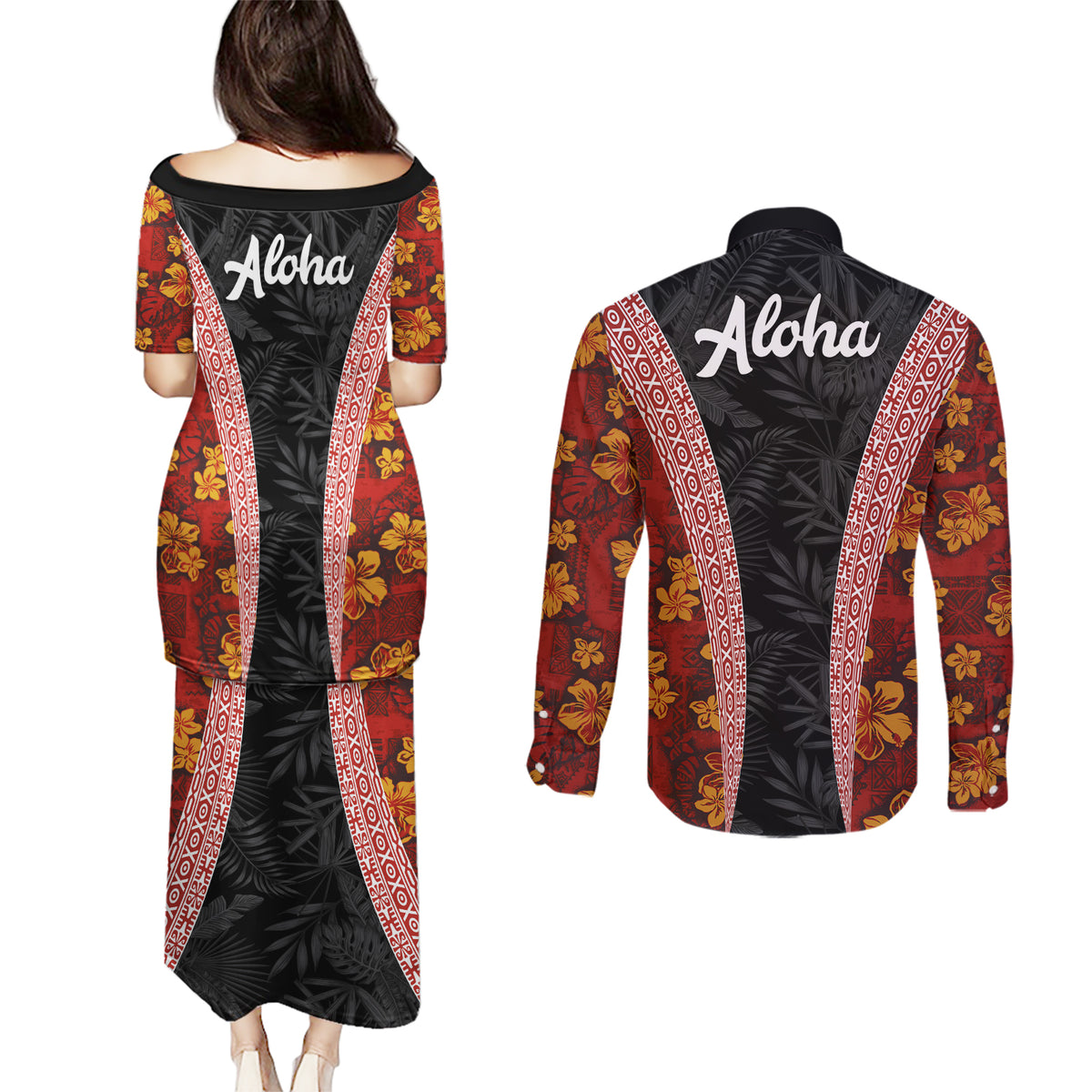 Hawaii Lei and Hibiscus Flowers Tribal Couples Matching Puletasi and Long Sleeve Button Shirt Patchwork Abstract Vintage