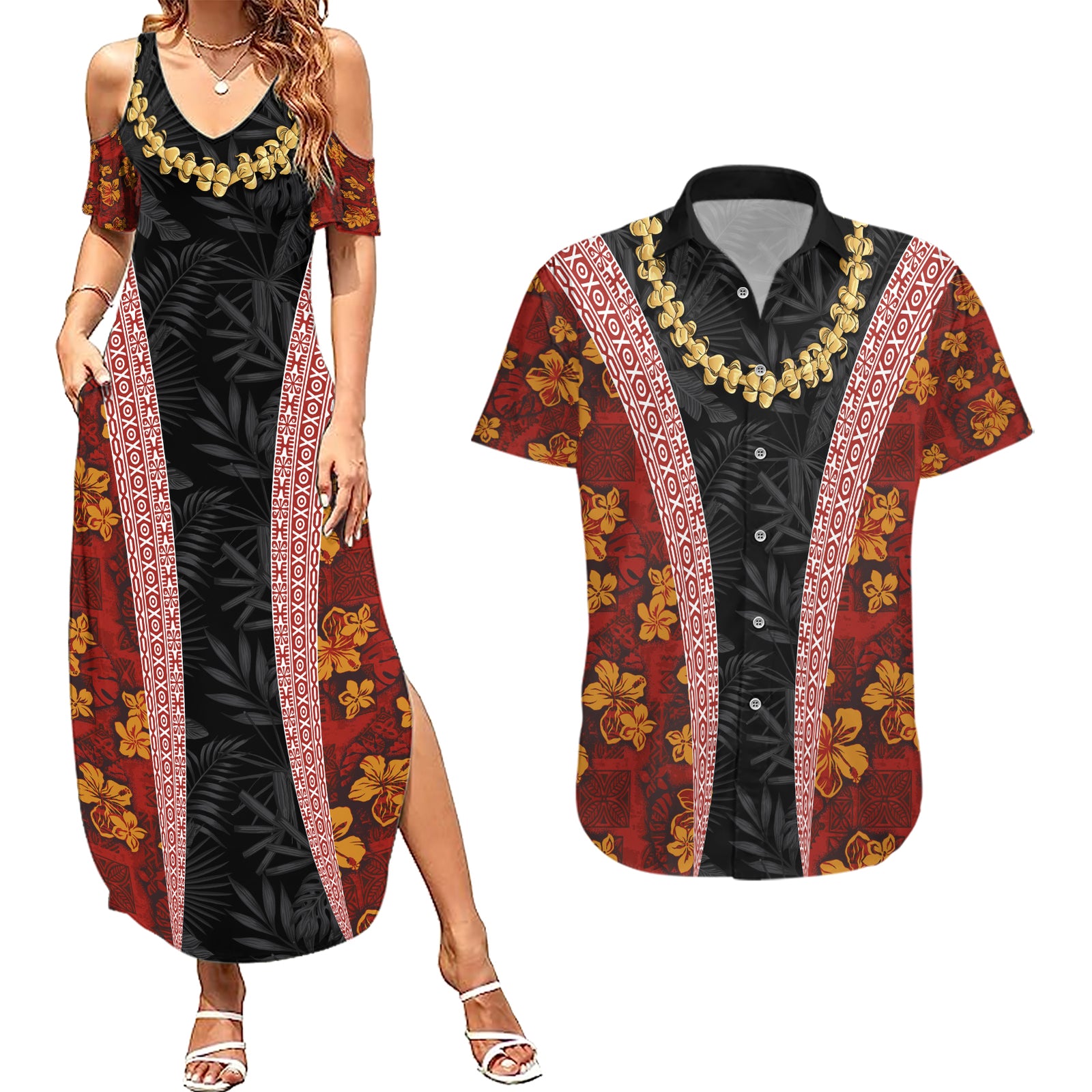 Hawaii Lei and Hibiscus Flowers Tribal Couples Matching Summer Maxi Dress and Hawaiian Shirt Patchwork Abstract Vintage