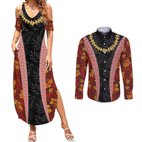 Hawaii Lei and Hibiscus Flowers Tribal Couples Matching Summer Maxi Dress and Long Sleeve Button Shirt Patchwork Abstract Vintage