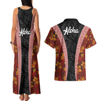 Hawaii Lei and Hibiscus Flowers Tribal Couples Matching Tank Maxi Dress and Hawaiian Shirt Patchwork Abstract Vintage