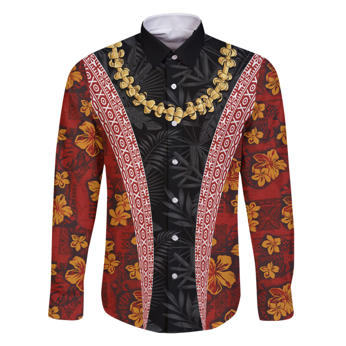 Hawaii Lei and Hibiscus Flowers Tribal Family Matching Long Sleeve Bodycon Dress and Hawaiian Shirt Patchwork Abstract Vintage