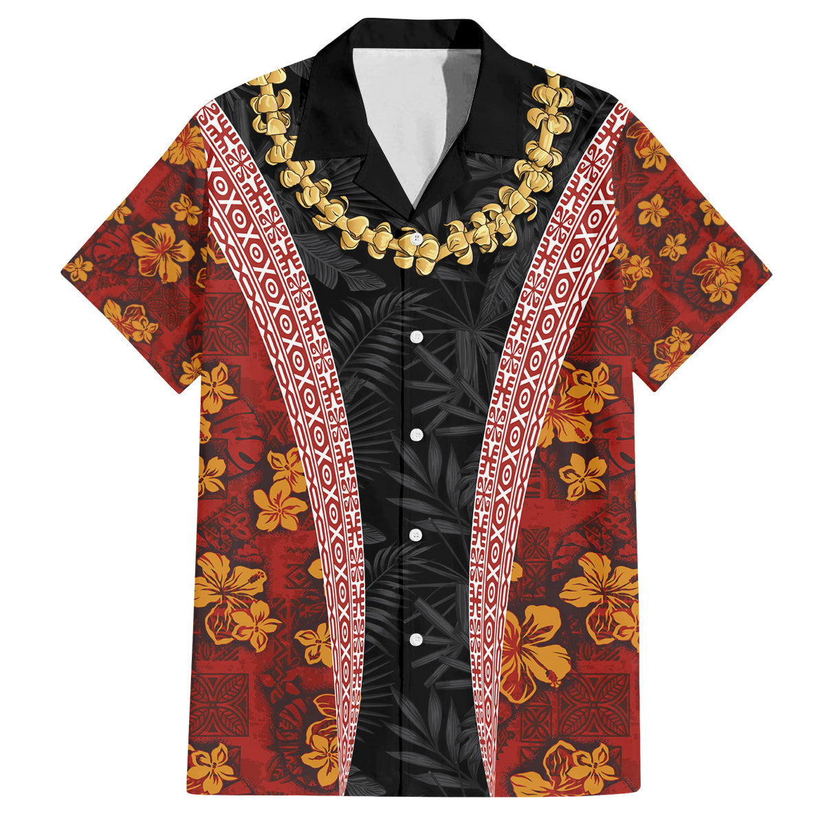 Hawaii Lei and Hibiscus Flowers Tribal Family Matching Off The Shoulder Long Sleeve Dress and Hawaiian Shirt Patchwork Abstract Vintage