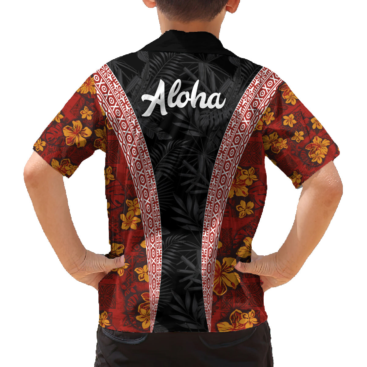 Hawaii Lei and Hibiscus Flowers Tribal Family Matching Off Shoulder Short Dress and Hawaiian Shirt Patchwork Abstract Vintage