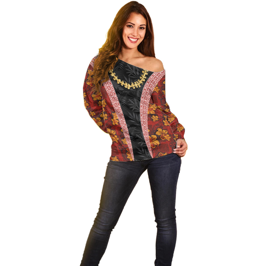 Hawaii Lei and Hibiscus Flowers Tribal Off Shoulder Sweater Patchwork Abstract Vintage