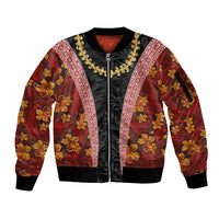 Hawaii Lei and Hibiscus Flowers Tribal Sleeve Zip Bomber Jacket Patchwork Abstract Vintage