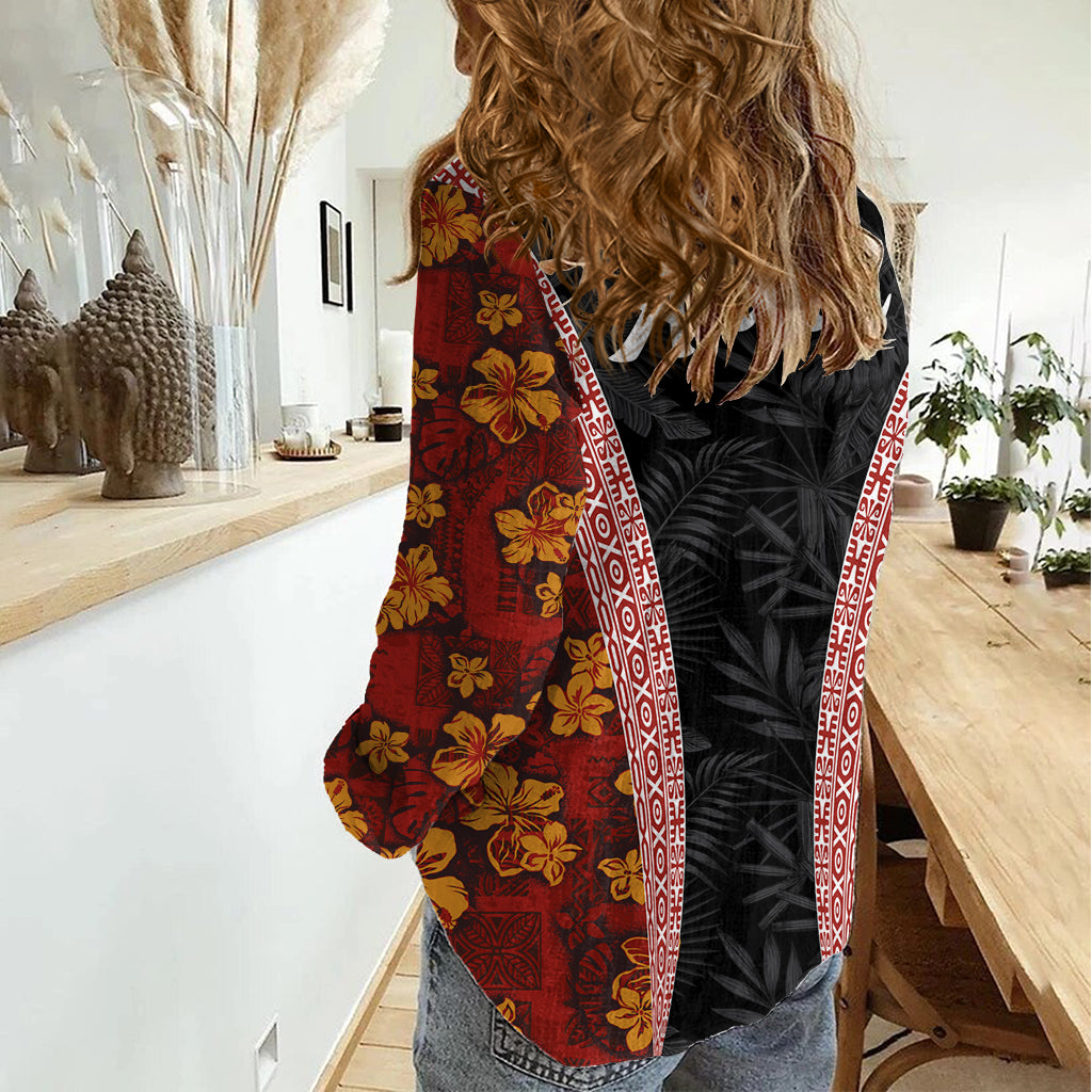 Hawaii Lei and Hibiscus Flowers Tribal Women Casual Shirt Patchwork Abstract Vintage