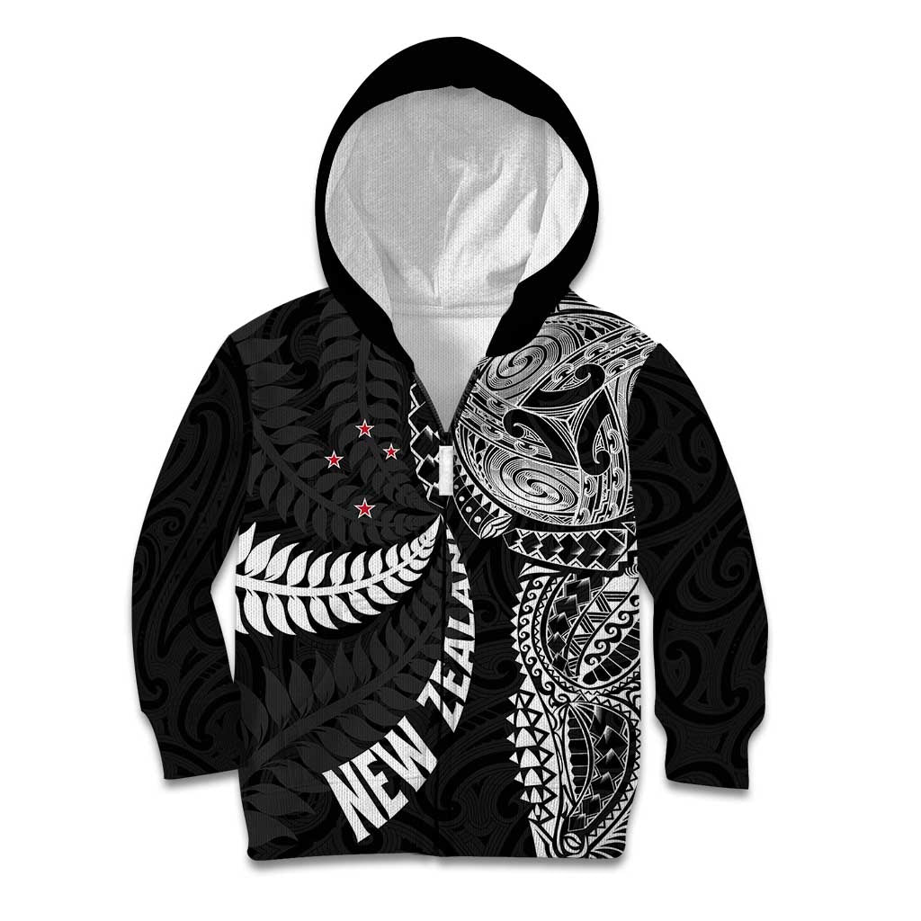 Aotearoa Volleyball Custom Kid Hoodie Silver Ferns and Maori Tribal Black LT03 Zip Hoodie Black - Polynesian Pride