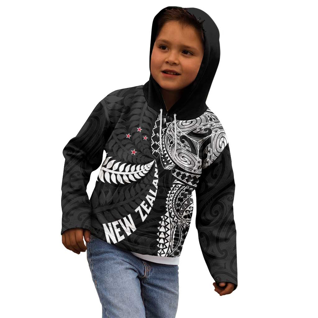 Aotearoa Volleyball Custom Kid Hoodie Silver Ferns and Maori Tribal Black LT03 - Polynesian Pride