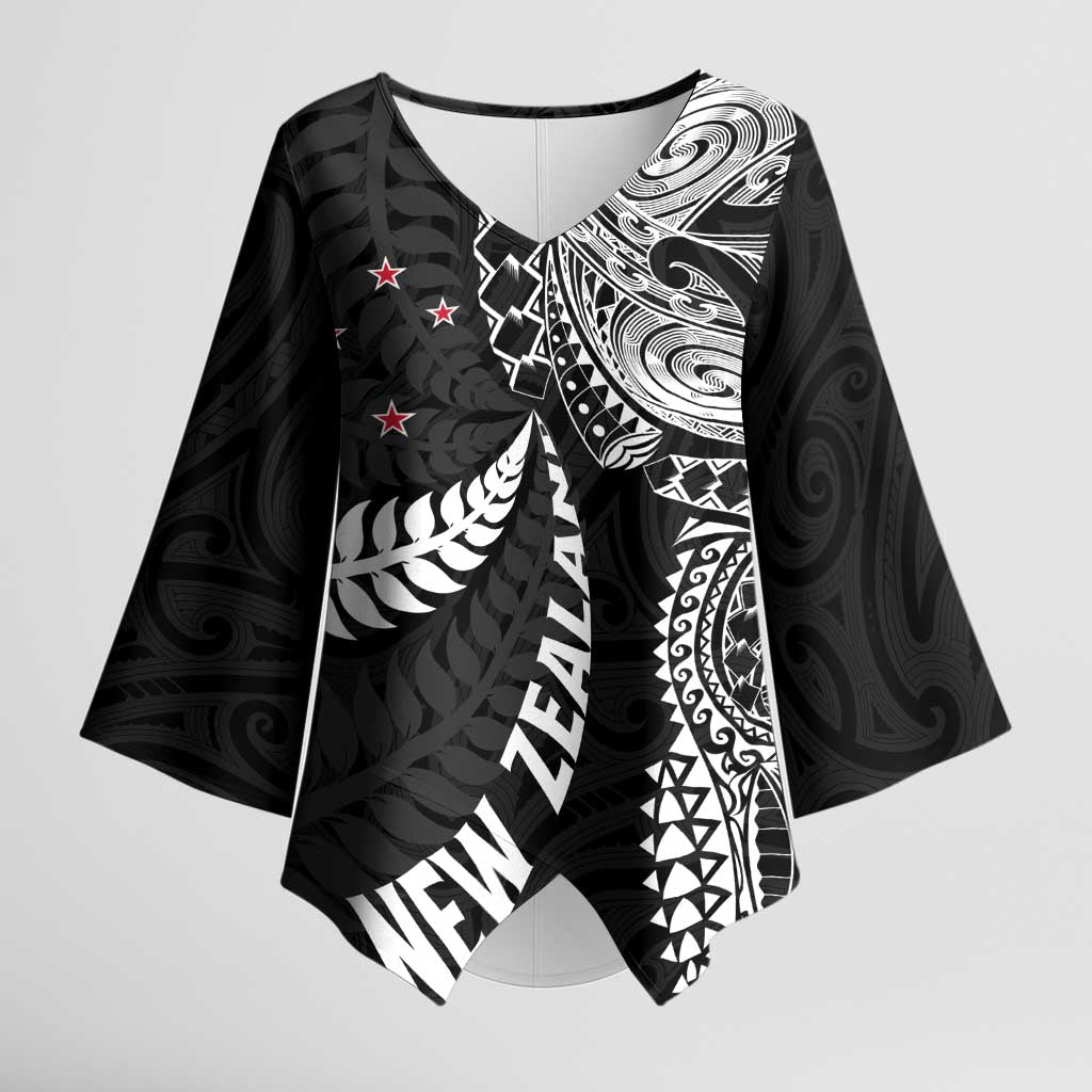 Aotearoa Volleyball Custom Kimono Sleeve Blouse Silver Ferns and Maori Tribal Black LT03 Female Black - Polynesian Pride