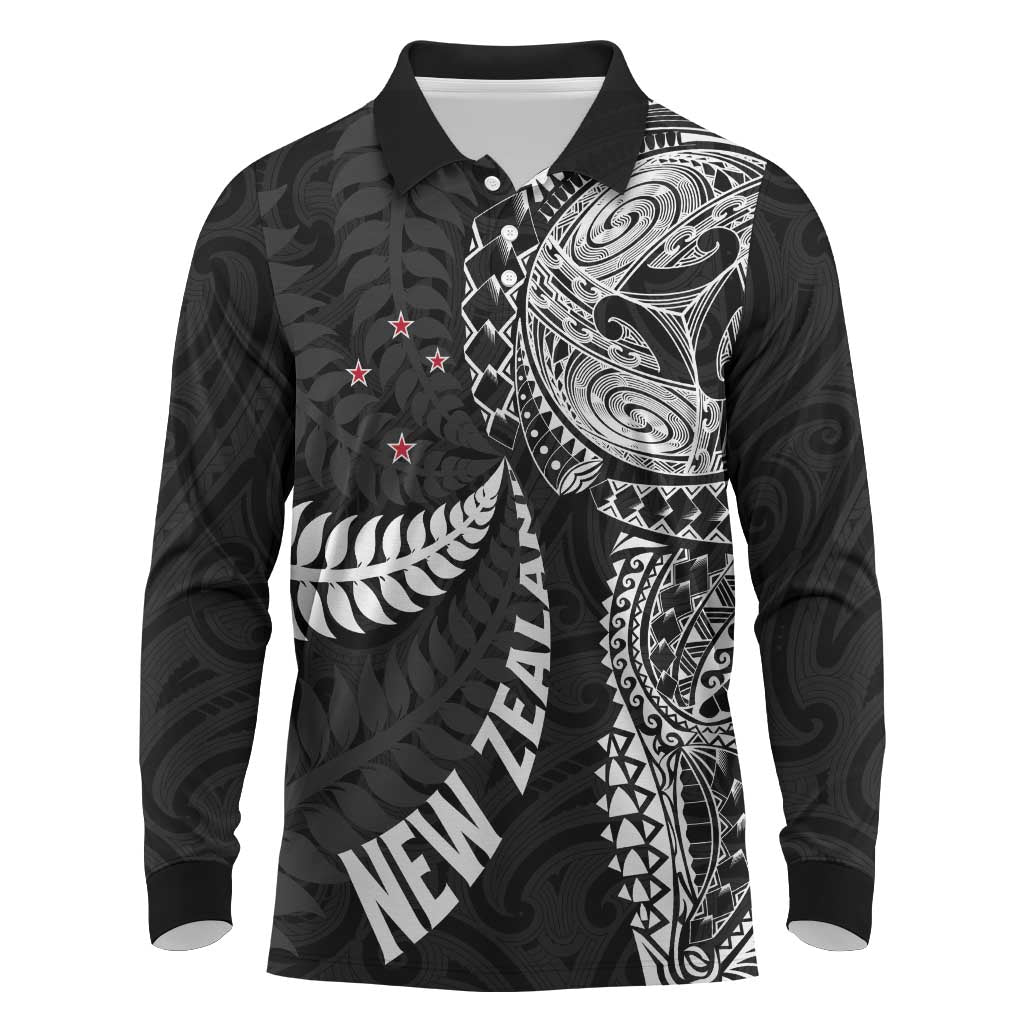 Aotearoa Volleyball Custom Long Sleeve Polo Shirt Silver Ferns and Maori Tribal Black LT03 Black - Polynesian Pride