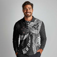 Aotearoa Volleyball Custom Long Sleeve Polo Shirt Silver Ferns and Maori Tribal Black LT03 - Polynesian Pride