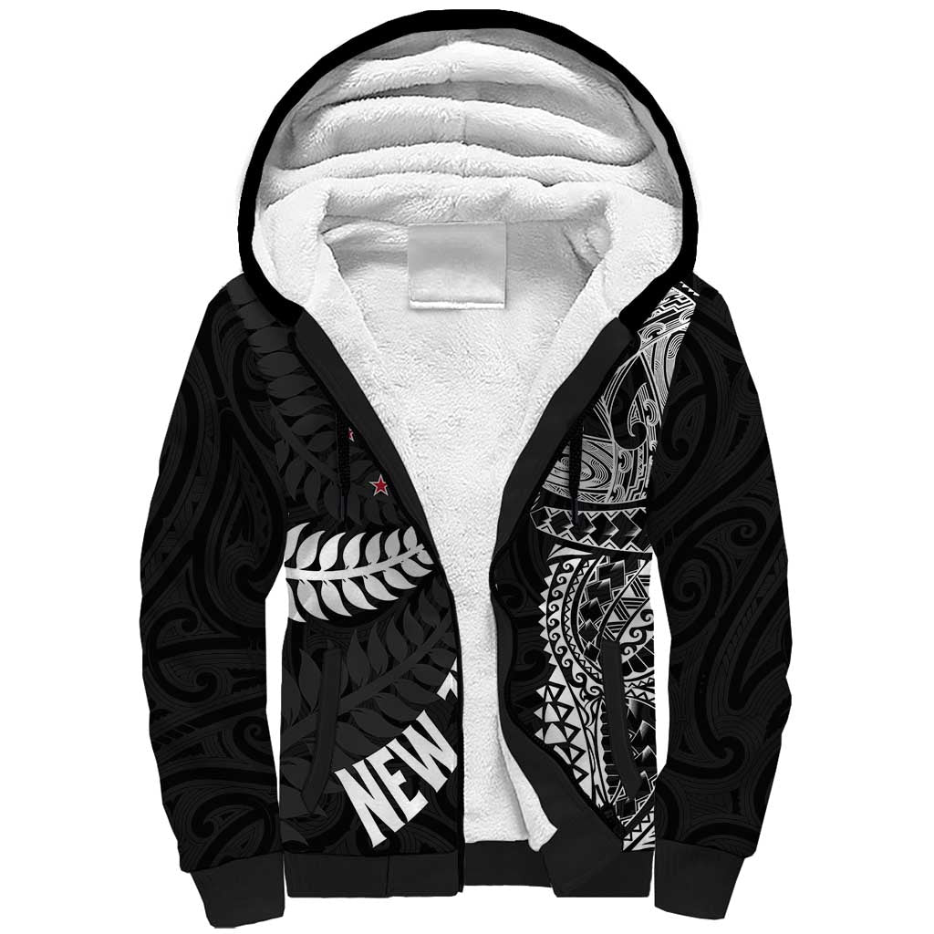 Aotearoa Volleyball Custom Sherpa Hoodie Silver Ferns and Maori Tribal Black LT03 Unisex Black - Polynesian Pride